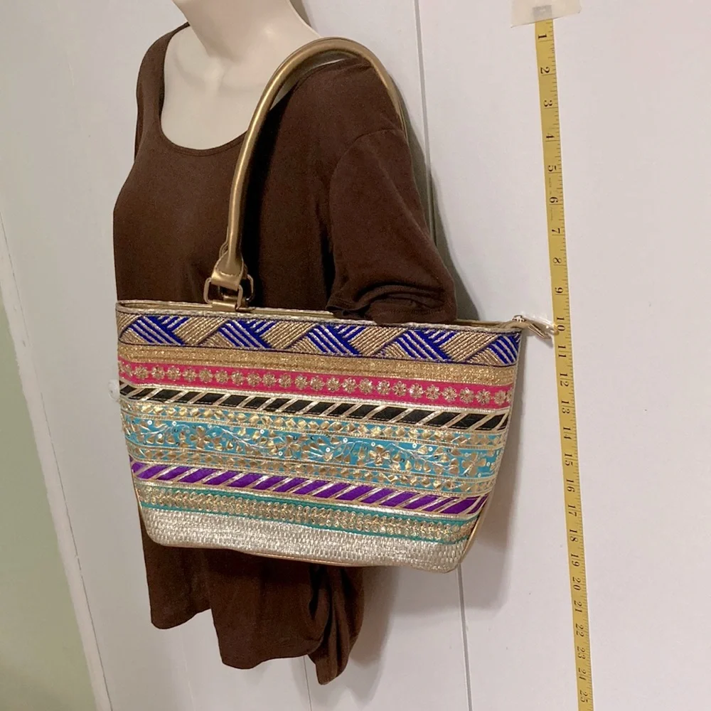 Asian Indian Bright Shiny Embellished Faux Leather Gold Handbag 15 x 9 x 4.5 in